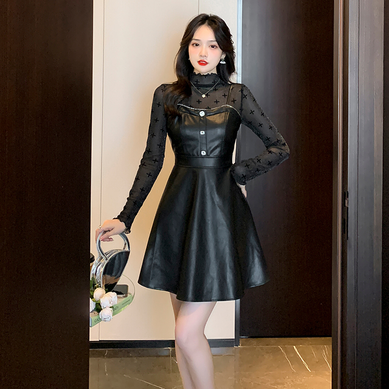 New Slim Fit Vintage Jacquard Mesh Long Sleeve T-Shirt and PU Leather A-Line Dress Two-Piece Set 8271 - Image 2