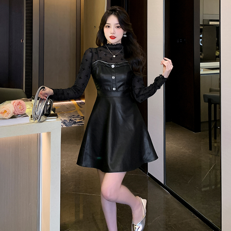 New Slim Fit Vintage Jacquard Mesh Long Sleeve T-Shirt and PU Leather A-Line Dress Two-Piece Set 8271
