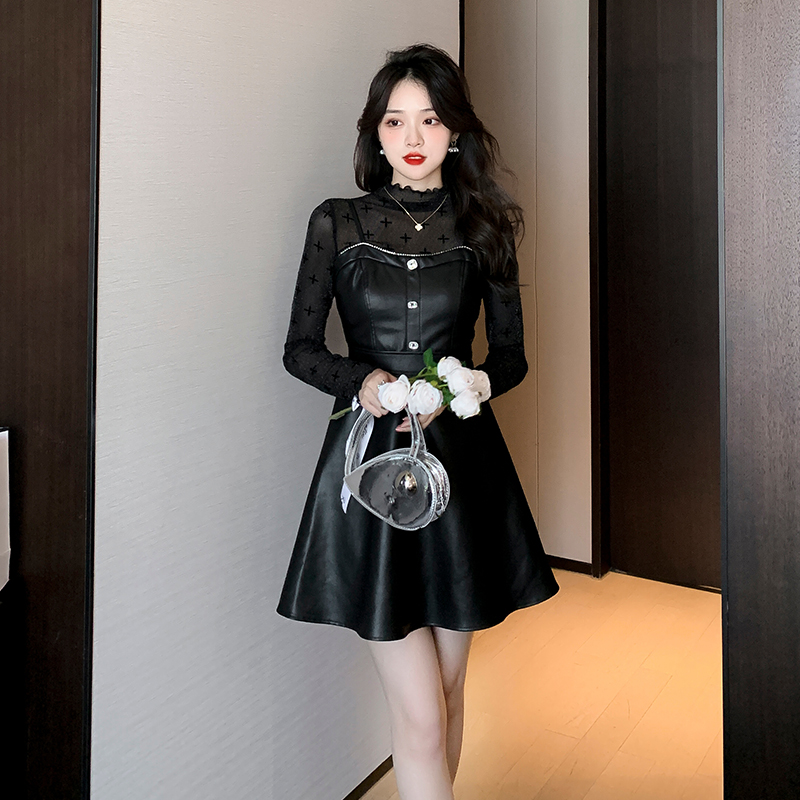 New Slim Fit Vintage Jacquard Mesh Long Sleeve T-Shirt and PU Leather A-Line Dress Two-Piece Set 8271 - Image 3