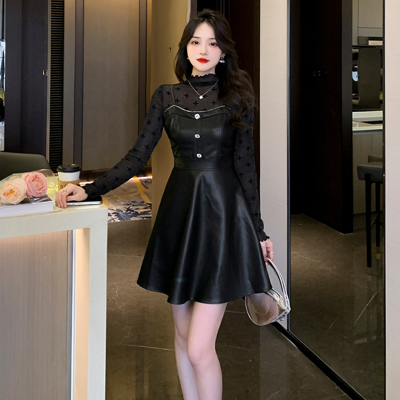 New Slim Fit Vintage Jacquard Mesh Long Sleeve T-Shirt and PU Leather A-Line Dress Two-Piece Set 8271 - Image 4