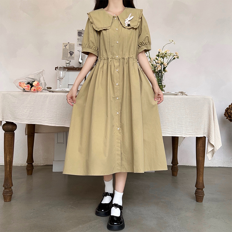 Japanese Style Embroidered Doll Collar Drawstring Waist Dress - Image 3