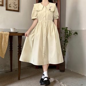 Japanese Style Embroidered Doll Collar Drawstring Waist Dress