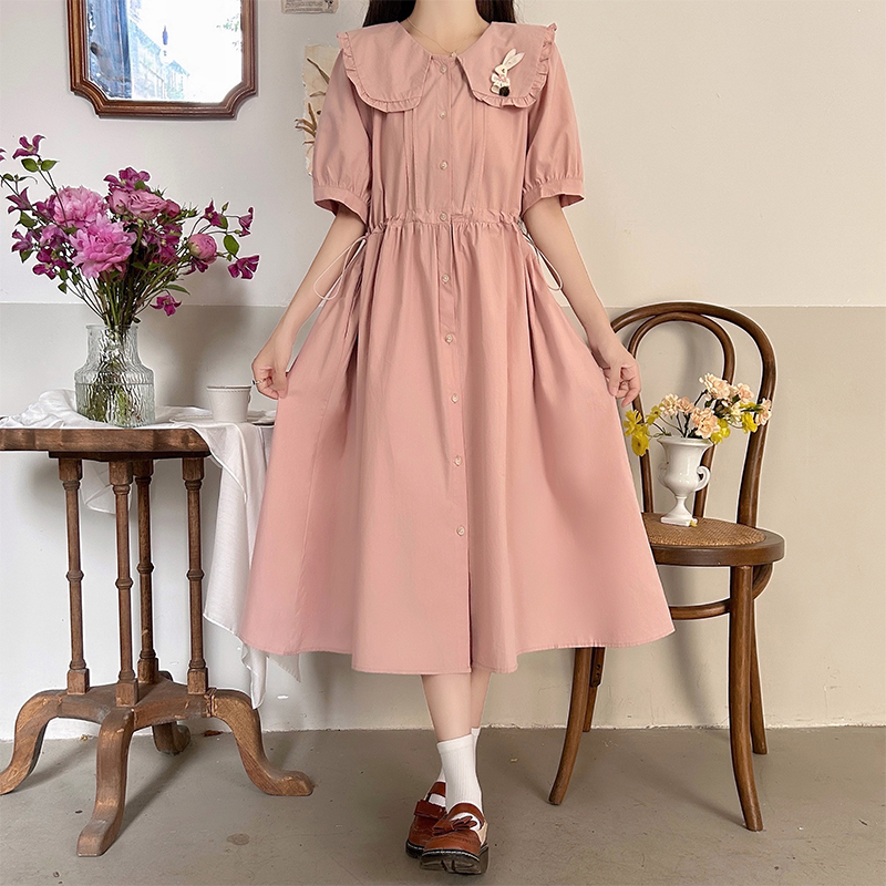 Japanese Style Embroidered Doll Collar Drawstring Waist Dress - Image 2