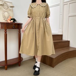 Embroidered Doll Collar Preppy Midi Dress with Waist Drawstring