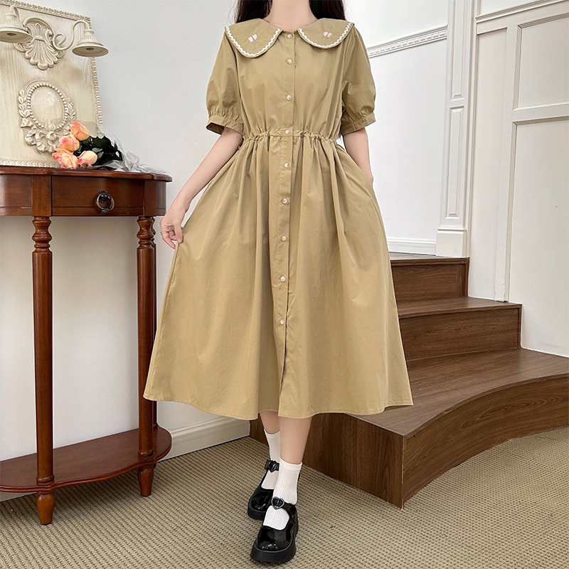 Embroidered Doll Collar Preppy Midi Dress with Waist Drawstring