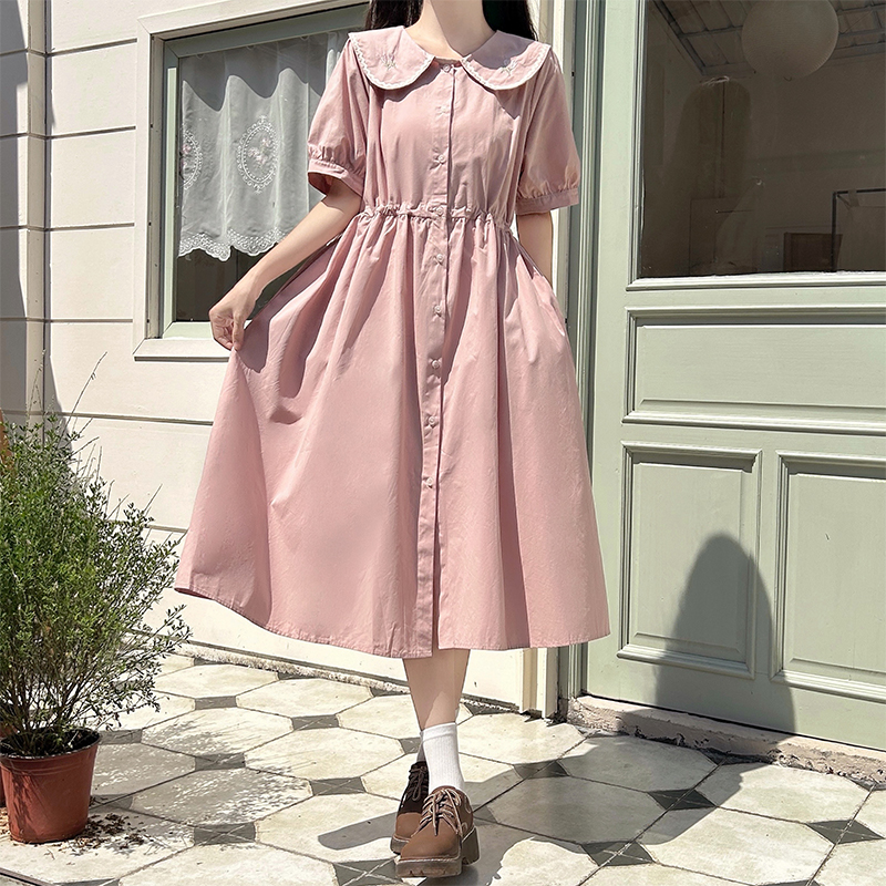 Embroidered Doll Collar Preppy Midi Dress with Waist Drawstring - Image 3