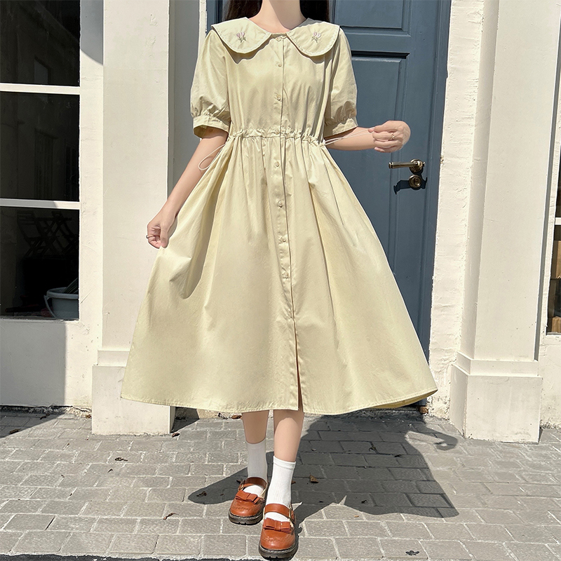 Embroidered Doll Collar Preppy Midi Dress with Waist Drawstring - Image 2