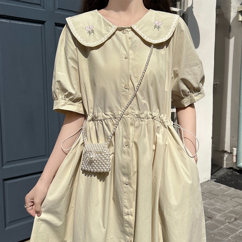 Embroidered Doll Collar Preppy Midi Dress with Waist Drawstring - Image 4