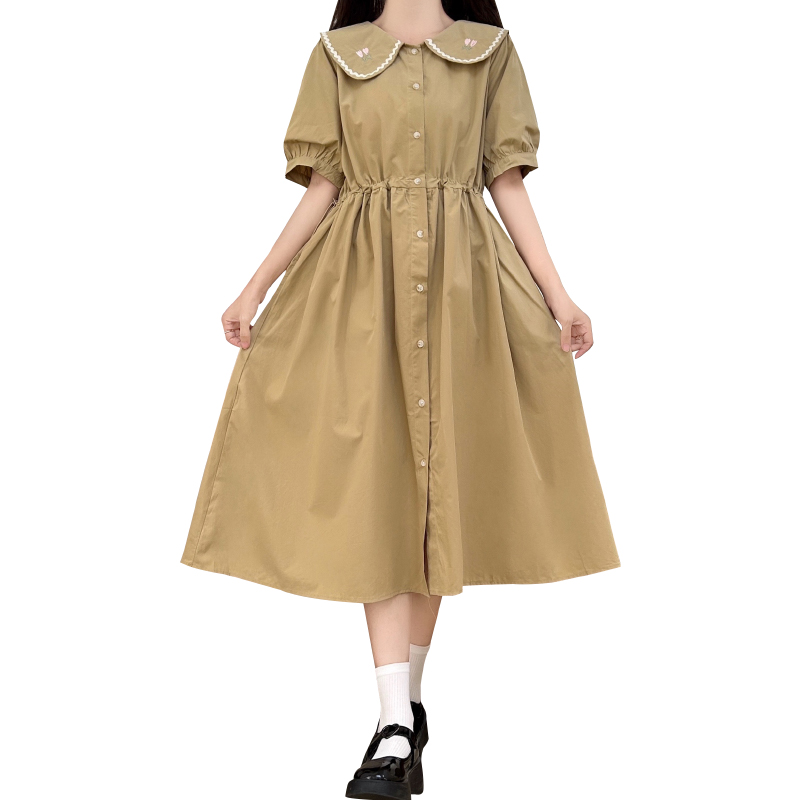 Embroidered Doll Collar Preppy Midi Dress with Waist Drawstring - Image 5
