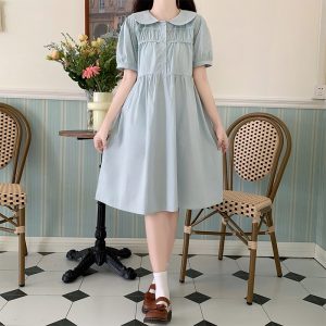 Doll Collar Dress Women Preppy Style New Japanese Fresh Mid Length Skirt