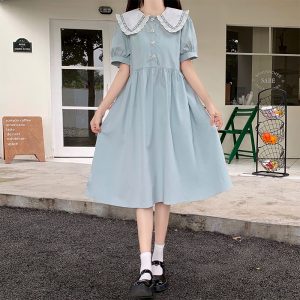 Japanese Sweet Doll Collar Puff Sleeve Midi Dress with Ruffle Trim