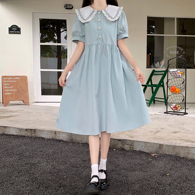 Japanese Sweet Doll Collar Puff Sleeve Midi Dress with Ruffle Trim