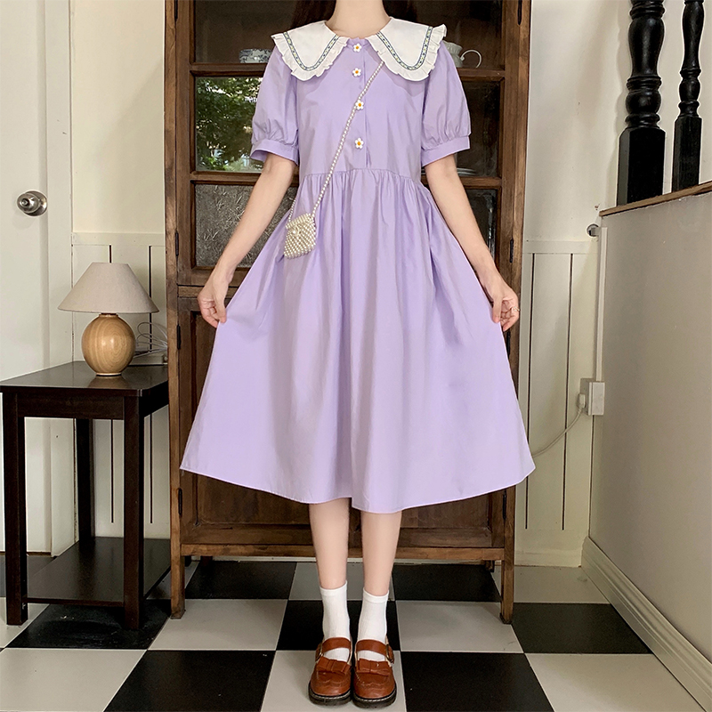 Japanese Sweet Doll Collar Puff Sleeve Midi Dress with Ruffle Trim - Image 4