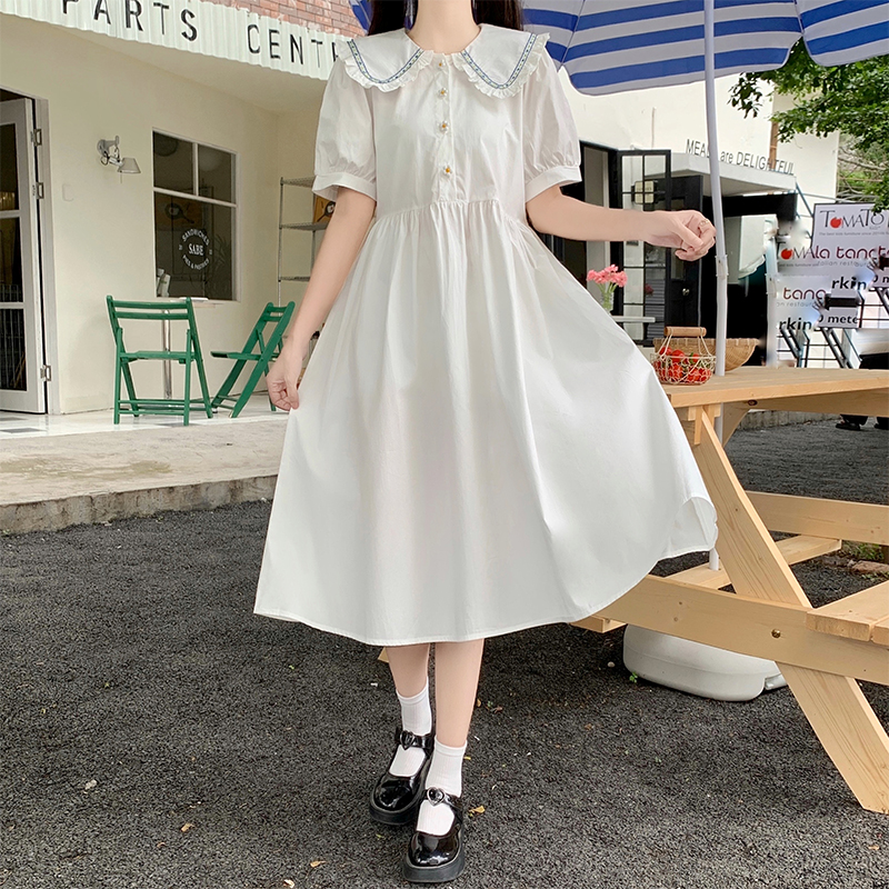 Japanese Sweet Doll Collar Puff Sleeve Midi Dress with Ruffle Trim - Image 2