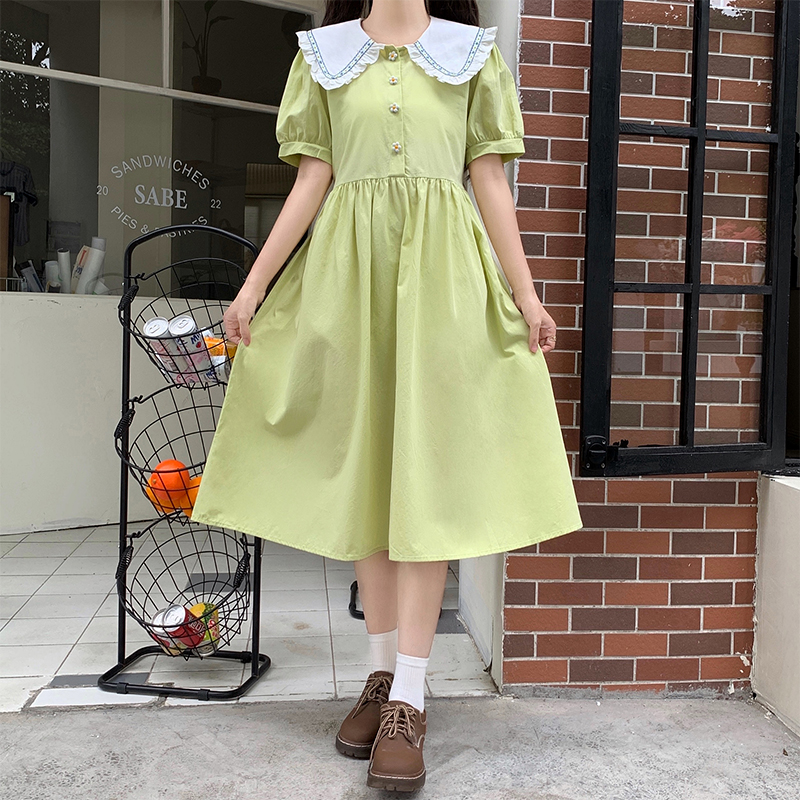Japanese Sweet Doll Collar Puff Sleeve Midi Dress with Ruffle Trim - Image 3
