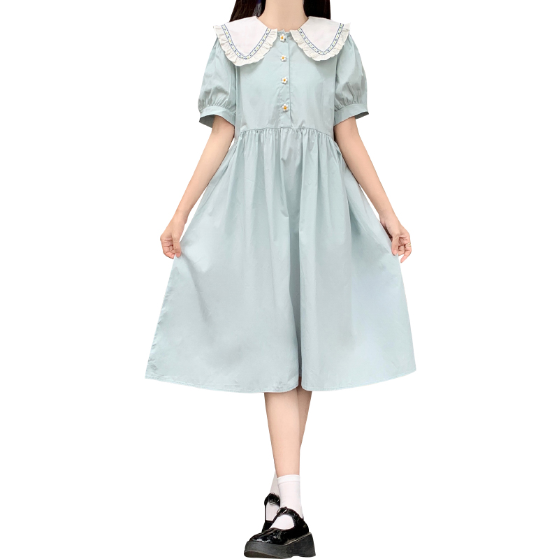 Japanese Sweet Doll Collar Puff Sleeve Midi Dress with Ruffle Trim - Image 5