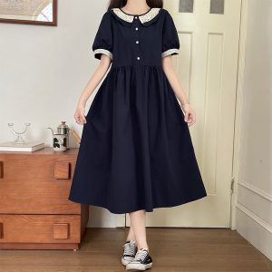 Sweet College Style Doll Collar A-Line Midi Dress with Waist Tie