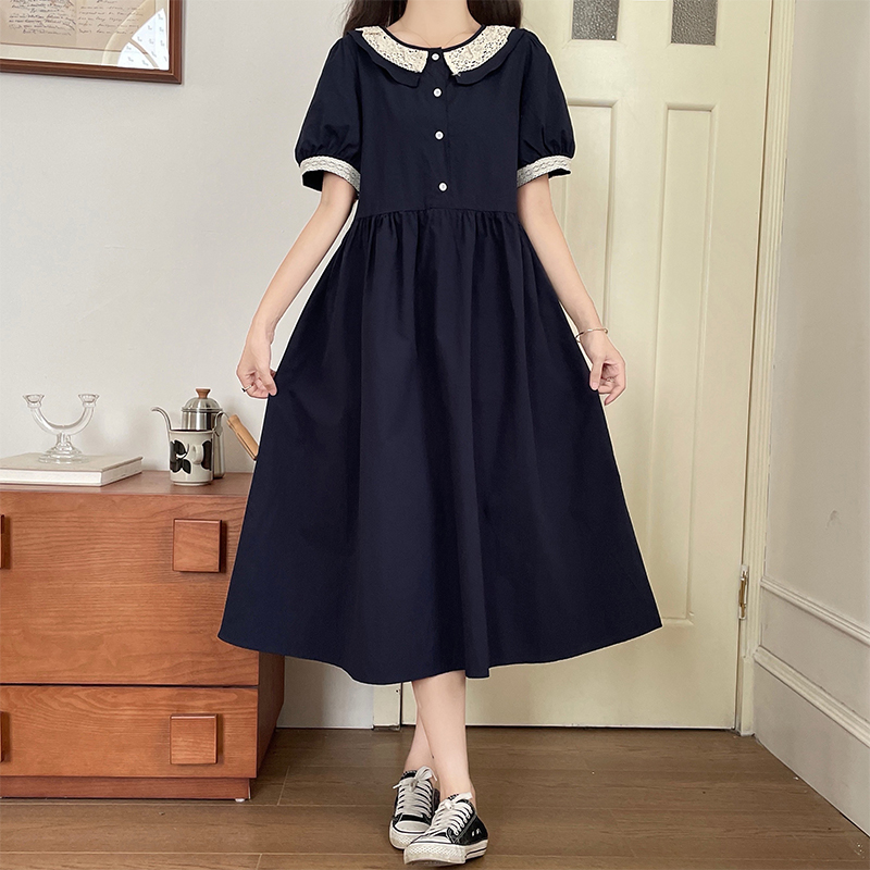 Sweet College Style Doll Collar A-Line Midi Dress with Waist Tie