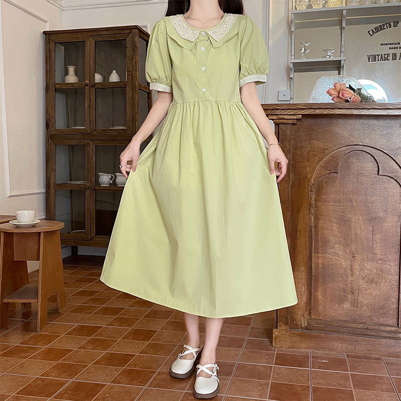 Sweet College Style Doll Collar A-Line Midi Dress with Waist Tie - Image 2