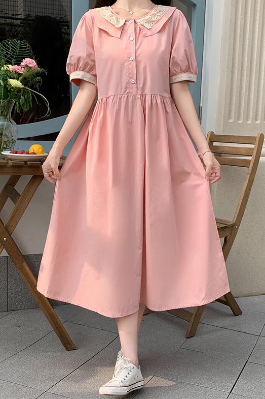 Sweet College Style Doll Collar A-Line Midi Dress with Waist Tie - Image 5