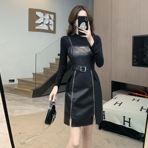 Light Luxury Women's Two-Piece Set with PU Cami and Bodycon Leather Skirt