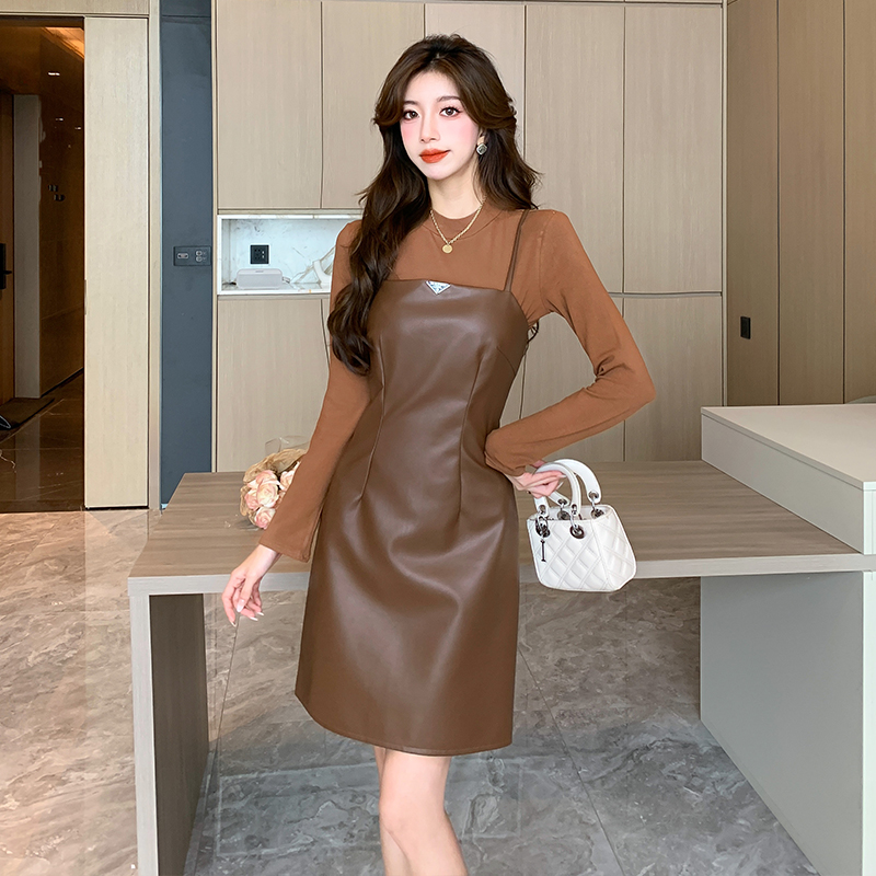 PU Leather Dress Two-Piece Set Fall Winter Women 2025 High Waist Cami Dress 5818 - Image 3