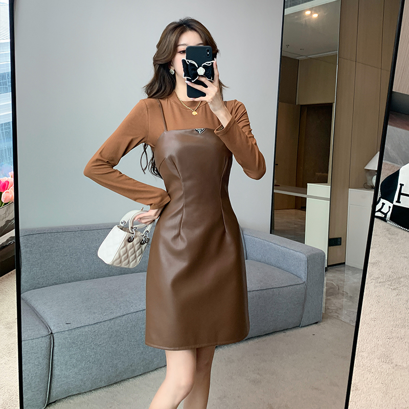 PU Leather Dress Two-Piece Set Fall Winter Women 2025 High Waist Cami Dress 5818 - Image 4