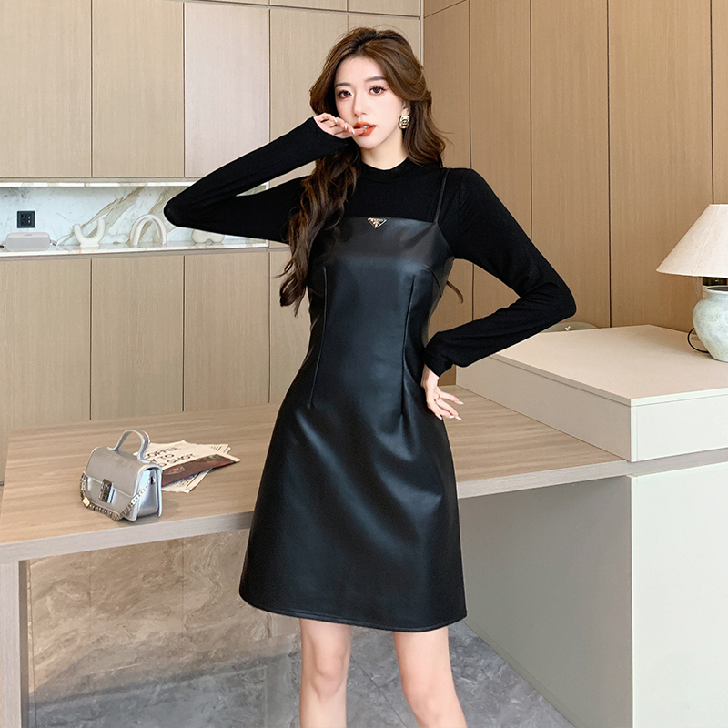 PU Leather Dress Two-Piece Set Fall Winter Women 2025 High Waist Cami Dress 5818