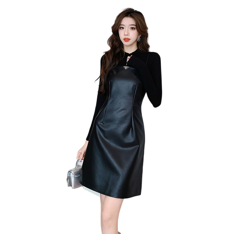 PU Leather Dress Two-Piece Set Fall Winter Women 2025 High Waist Cami Dress 5818 - Image 5