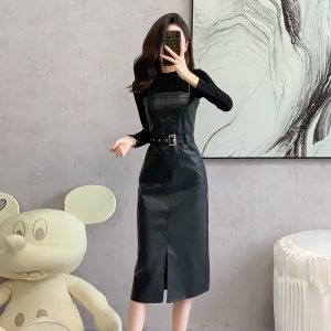 Premium PU Leather Cami Dress Two-Piece Set for Women 2025 American Retro Slimming Fashion