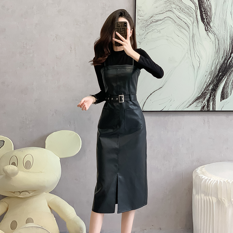 Premium PU Leather Cami Dress Two-Piece Set for Women 2025 American Retro Slimming Fashion