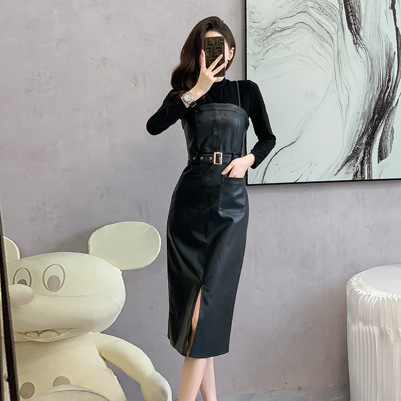 Premium PU Leather Cami Dress Two-Piece Set for Women 2025 American Retro Slimming Fashion - Image 2