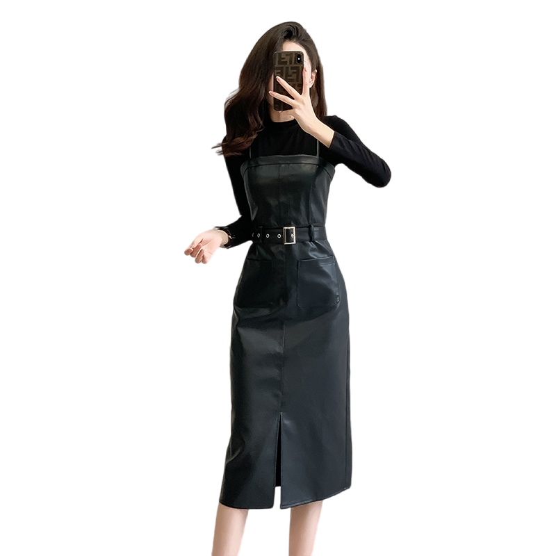 Premium PU Leather Cami Dress Two-Piece Set for Women 2025 American Retro Slimming Fashion - Image 5