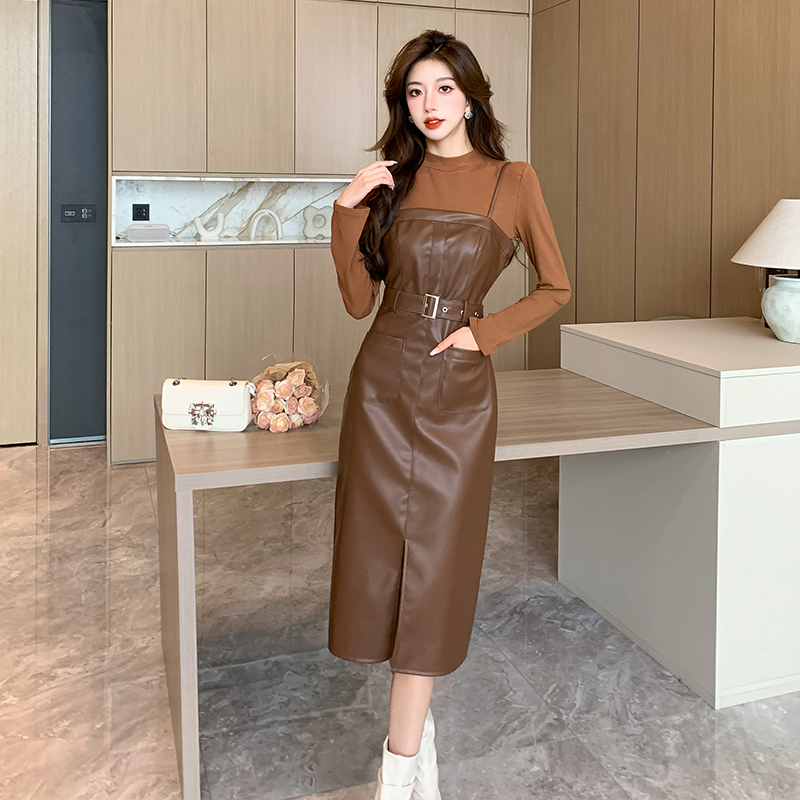 Premium PU Leather Cami Dress Two-Piece Set for Women 2025 American Retro Slimming Fashion - Image 4