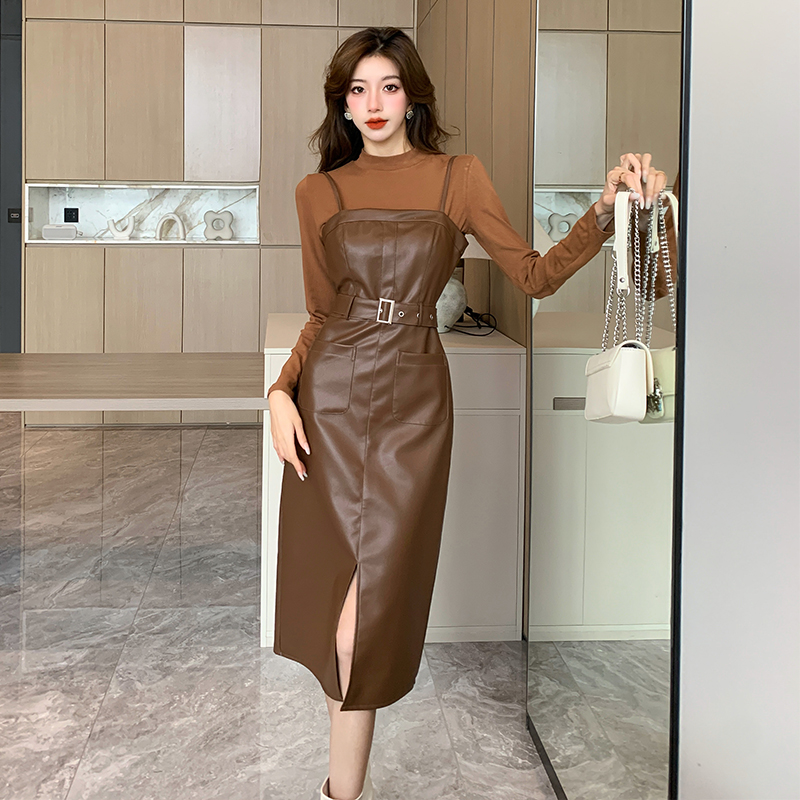 Premium PU Leather Cami Dress Two-Piece Set for Women 2025 American Retro Slimming Fashion - Image 3
