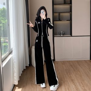 Women's Velvet Casual Sports Set with Wide-Leg Pants and Jacket