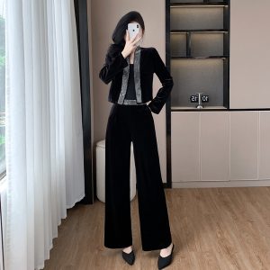 Women's Velvet Two-Piece Suit with Rhinestone Blazer and Wide-Leg Pants