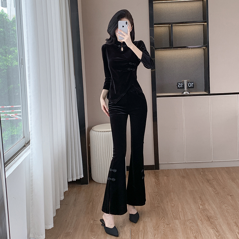 Improved Qipao Top and Flared Pants Two-Piece Set with Gold Velvet Slimming Split Design 9636 - Image 3