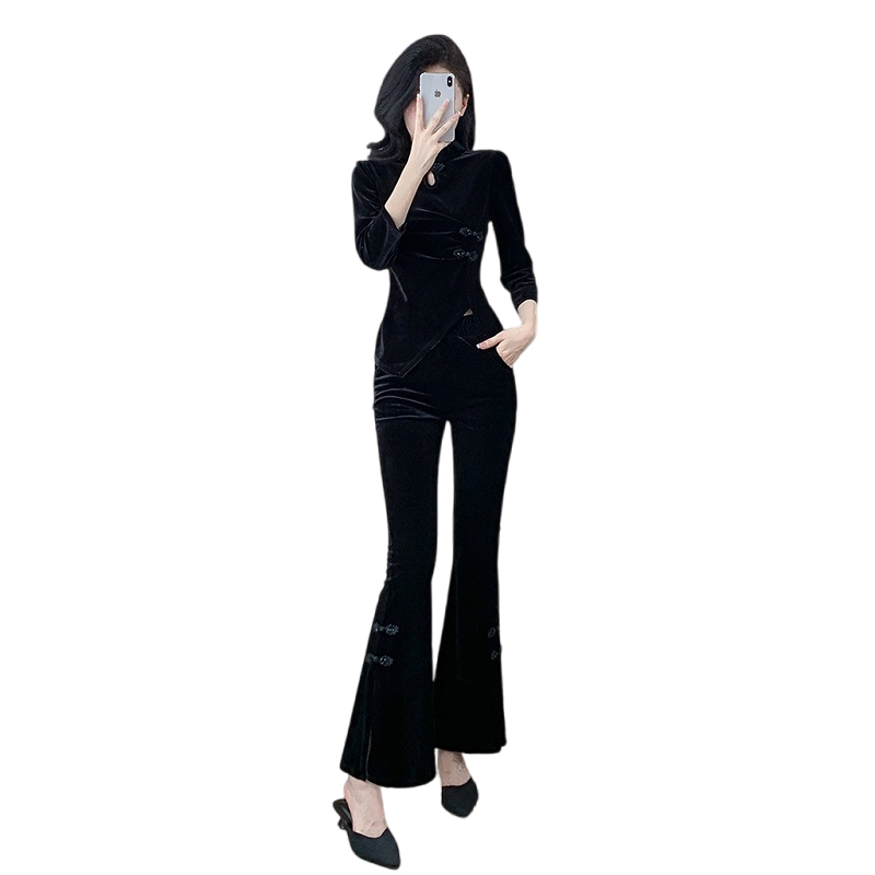 Improved Qipao Top and Flared Pants Two-Piece Set with Gold Velvet Slimming Split Design 9636 - Image 5