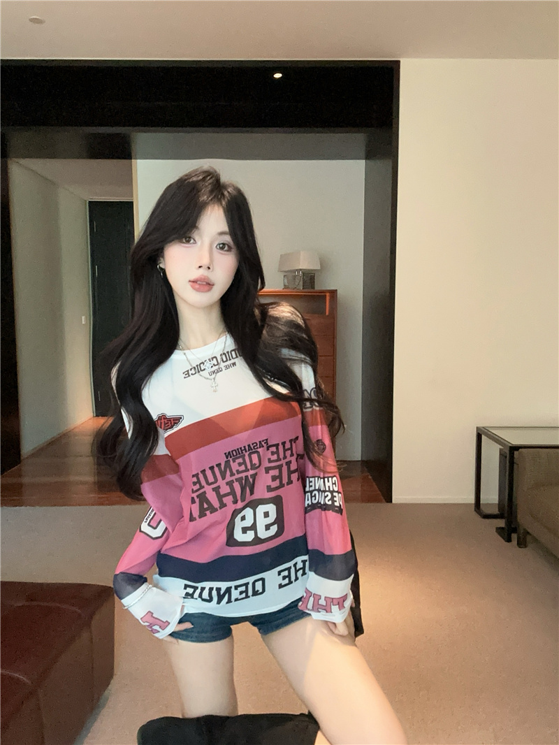 2026 Summer Colorblock Graffiti Print Long Sleeve Sun Protection Top Slimming Lightweight Women's Shirt