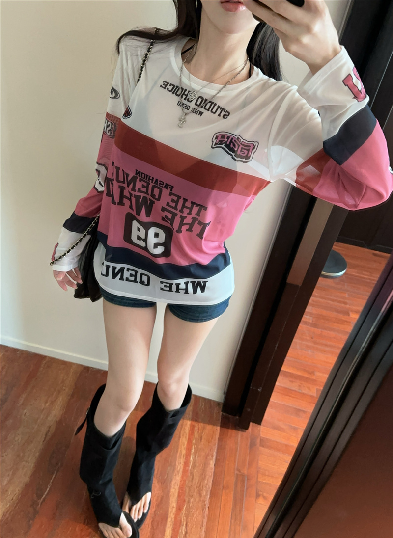 2026 Summer Colorblock Graffiti Print Long Sleeve Sun Protection Top Slimming Lightweight Women's Shirt - Image 2