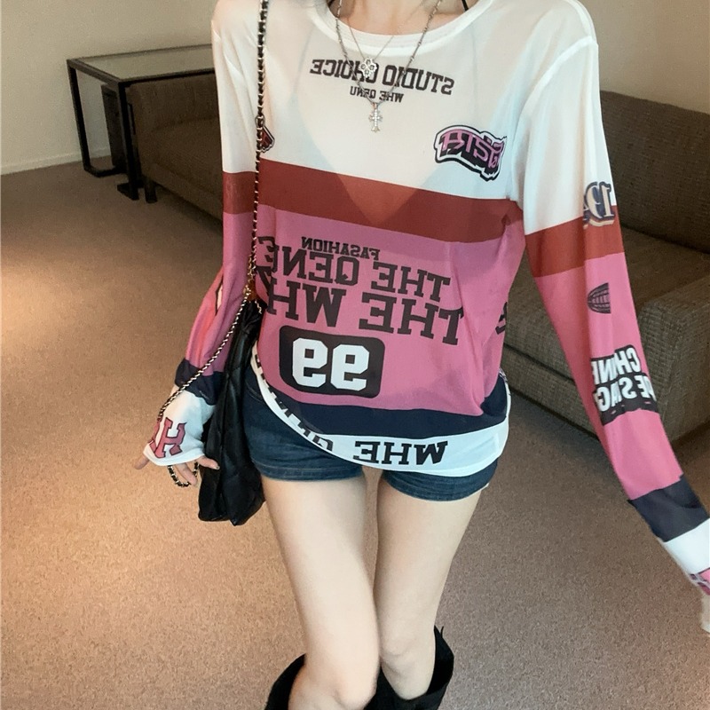2026 Summer Colorblock Graffiti Print Long Sleeve Sun Protection Top Slimming Lightweight Women's Shirt - Image 5