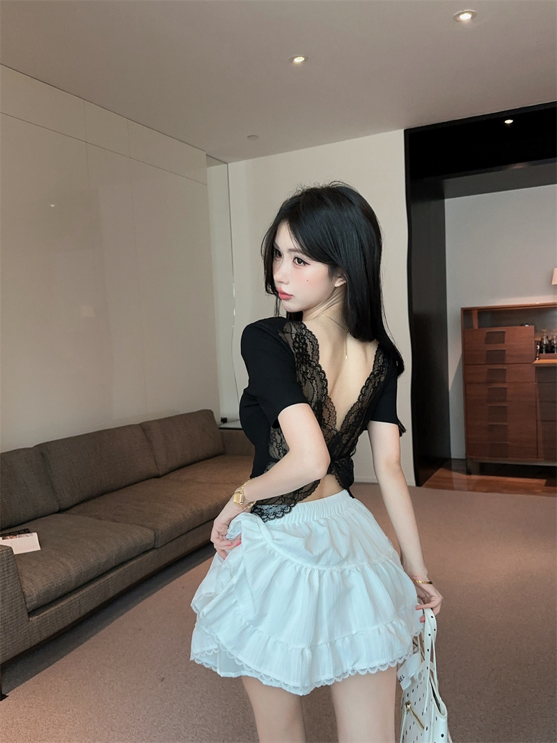 Lace Back Cutout Padded Short Sleeve Top and High Waist Skirt Set - Image 2