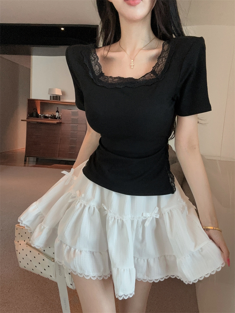 Lace Back Cutout Padded Short Sleeve Top and High Waist Skirt Set - Image 3
