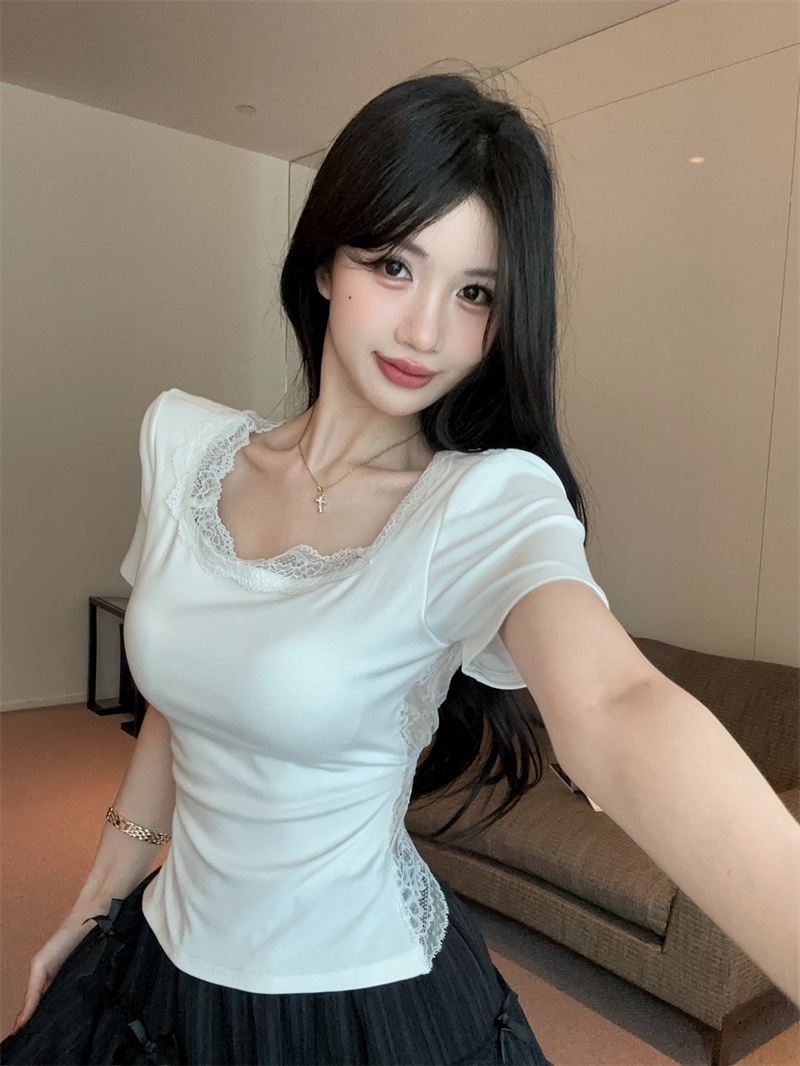 Lace Back Cutout Padded Short Sleeve Top and High Waist Skirt Set - Image 4