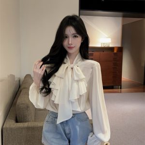 2026 French Style V-Neck Ruffle Chiffon Top with Ribbon Long Sleeve Sun Protection Loose Fit Women