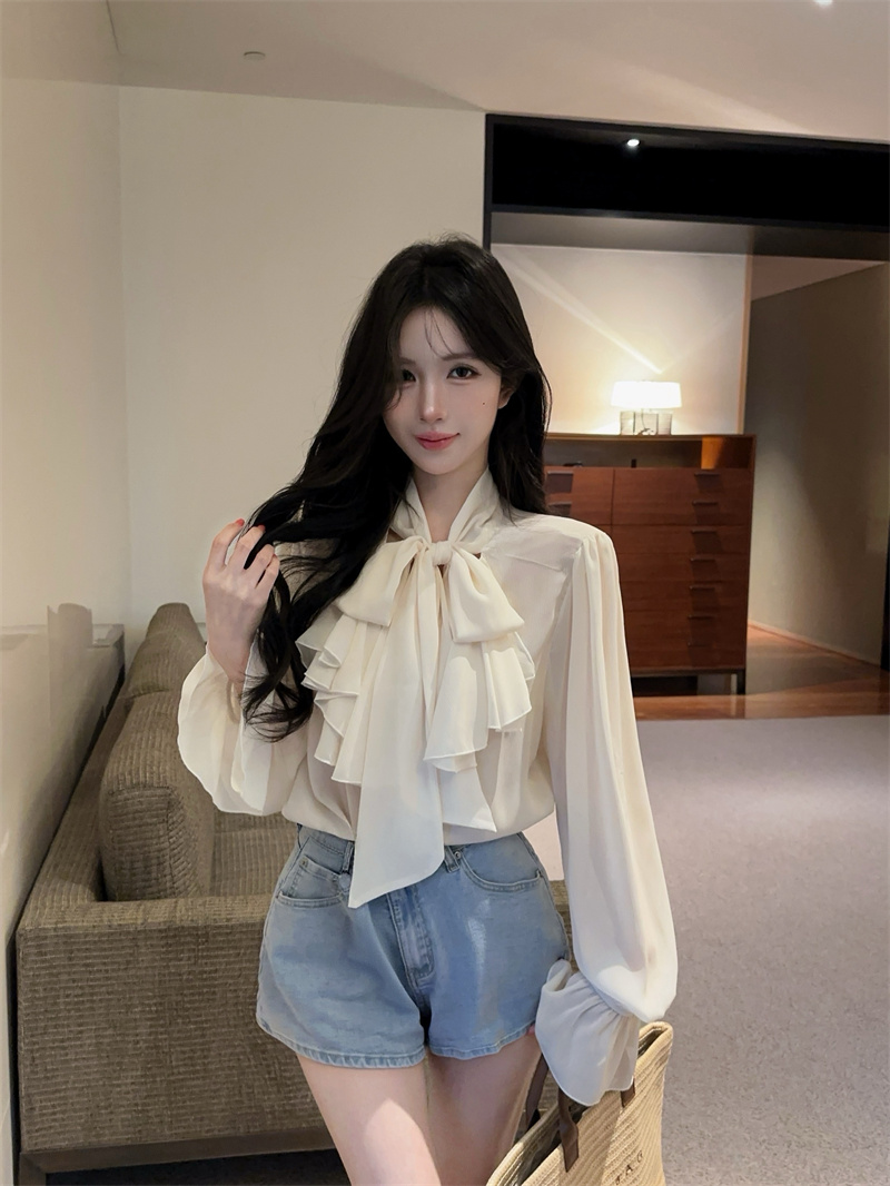2026 French Style V-Neck Ruffle Chiffon Top with Ribbon Long Sleeve Sun Protection Loose Fit Women