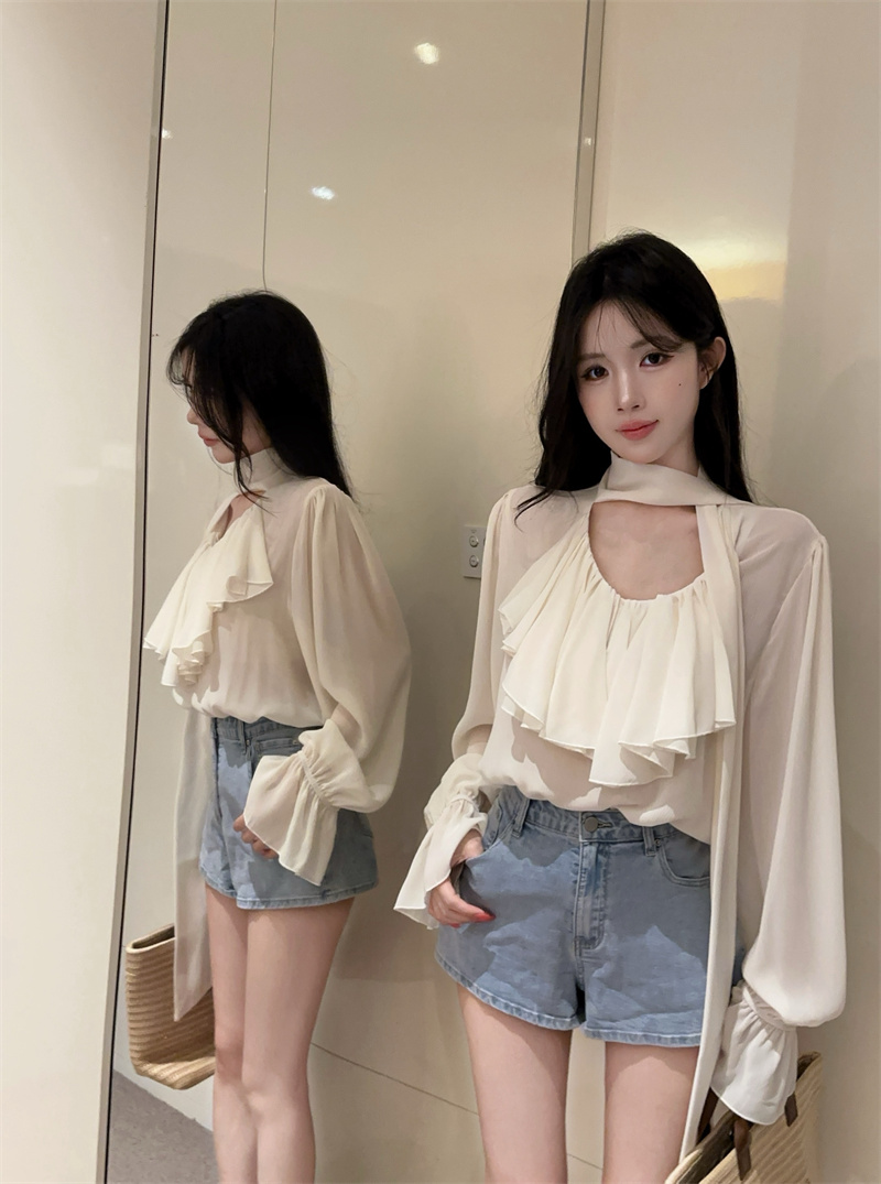 2026 French Style V-Neck Ruffle Chiffon Top with Ribbon Long Sleeve Sun Protection Loose Fit Women - Image 2