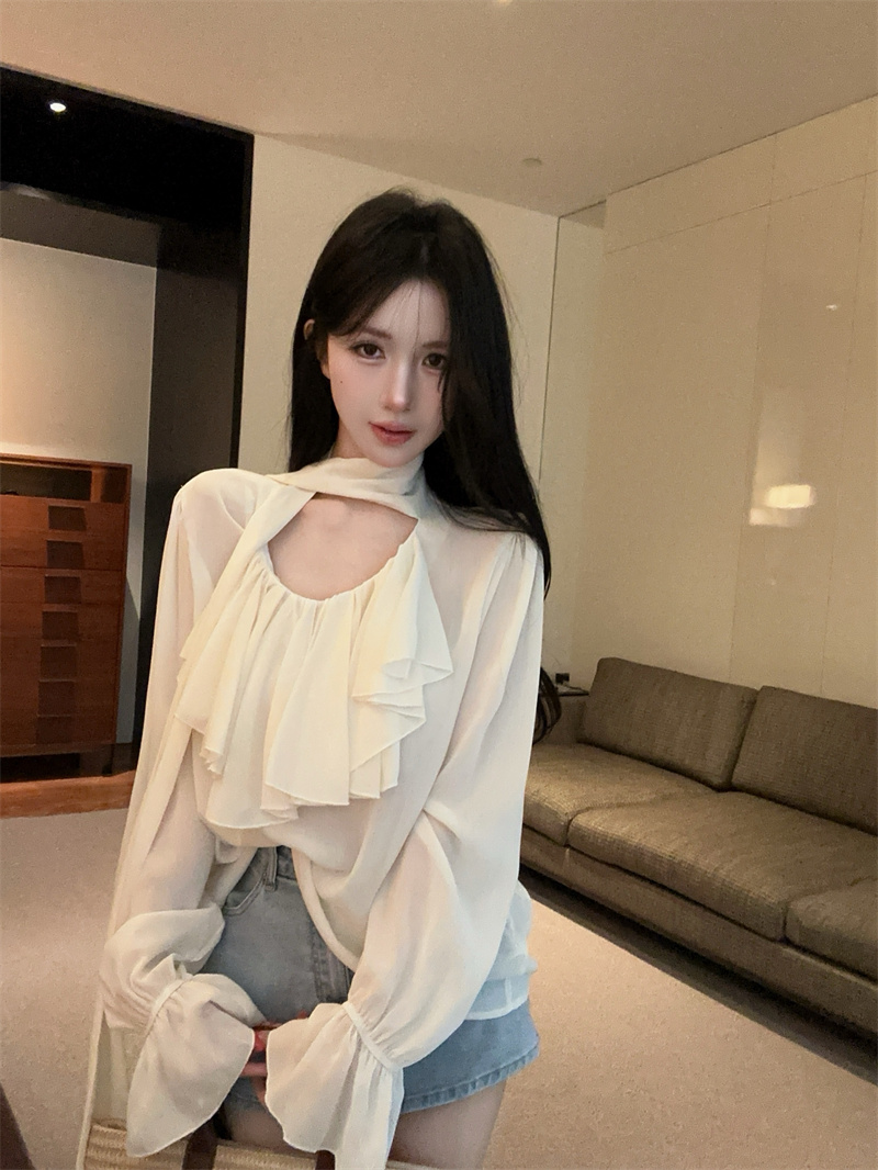 2026 French Style V-Neck Ruffle Chiffon Top with Ribbon Long Sleeve Sun Protection Loose Fit Women - Image 3