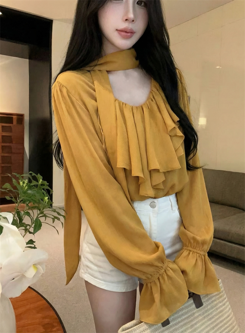 2026 French Style V-Neck Ruffle Chiffon Top with Ribbon Long Sleeve Sun Protection Loose Fit Women - Image 4